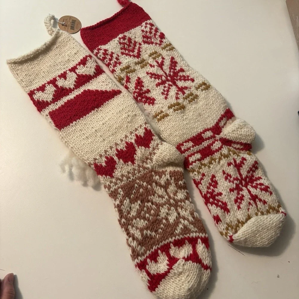 NWT PAIR SANTA Red & White Knit Wool Christmas Stockings $120 MSRP MADE IN NEPAL